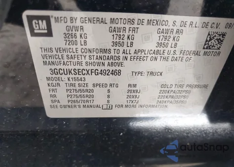 2015 Chevrolet Silverado 1500 2Lz из США, поврежденный, VIN 3GCUKSECXFG492468